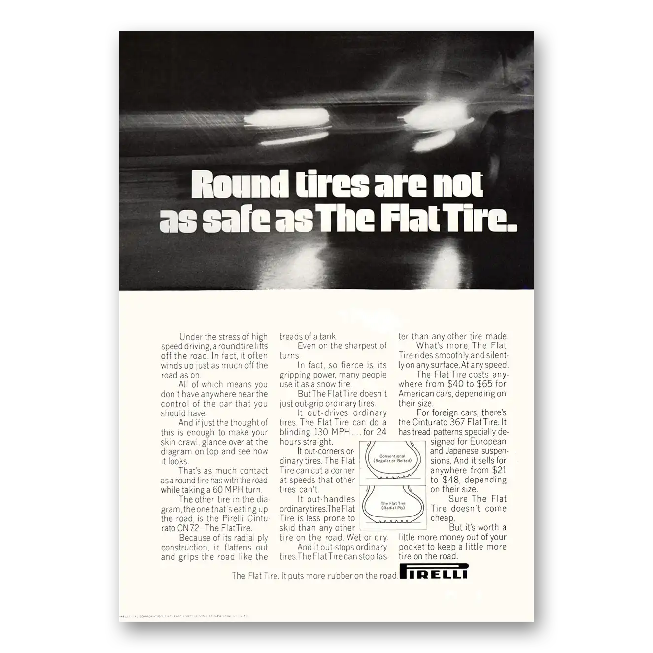 1969 Pirelli Tires Round Tires Are Not As Safe As Flat Tire Vintage Magazine Print Ad