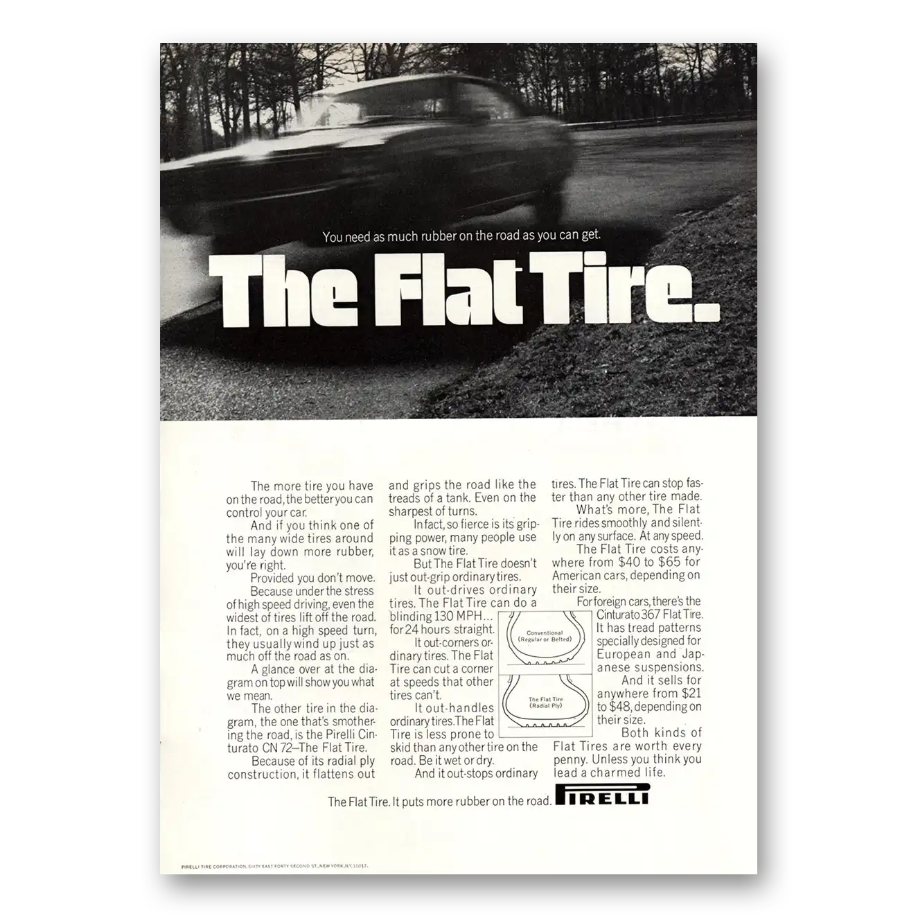 1969 Pirelli Tires Flat Tire Vintage Magazine Print Ad