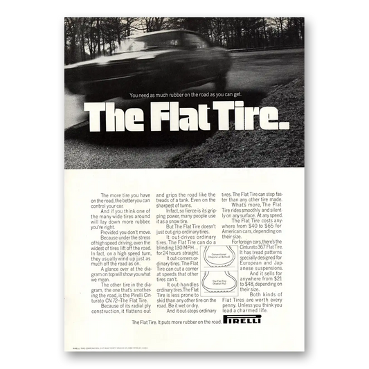 1969 Pirelli Tires Flat Tire Vintage Magazine Print Ad