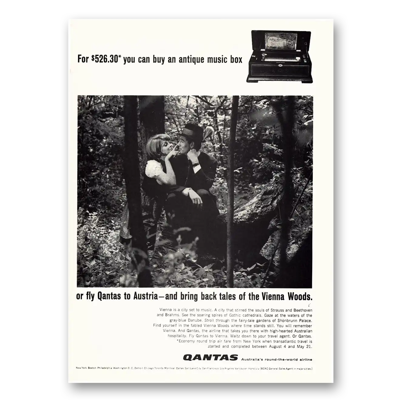 1966 Qantas Airlines Antique Music Box Vintage Magazine Print Ad