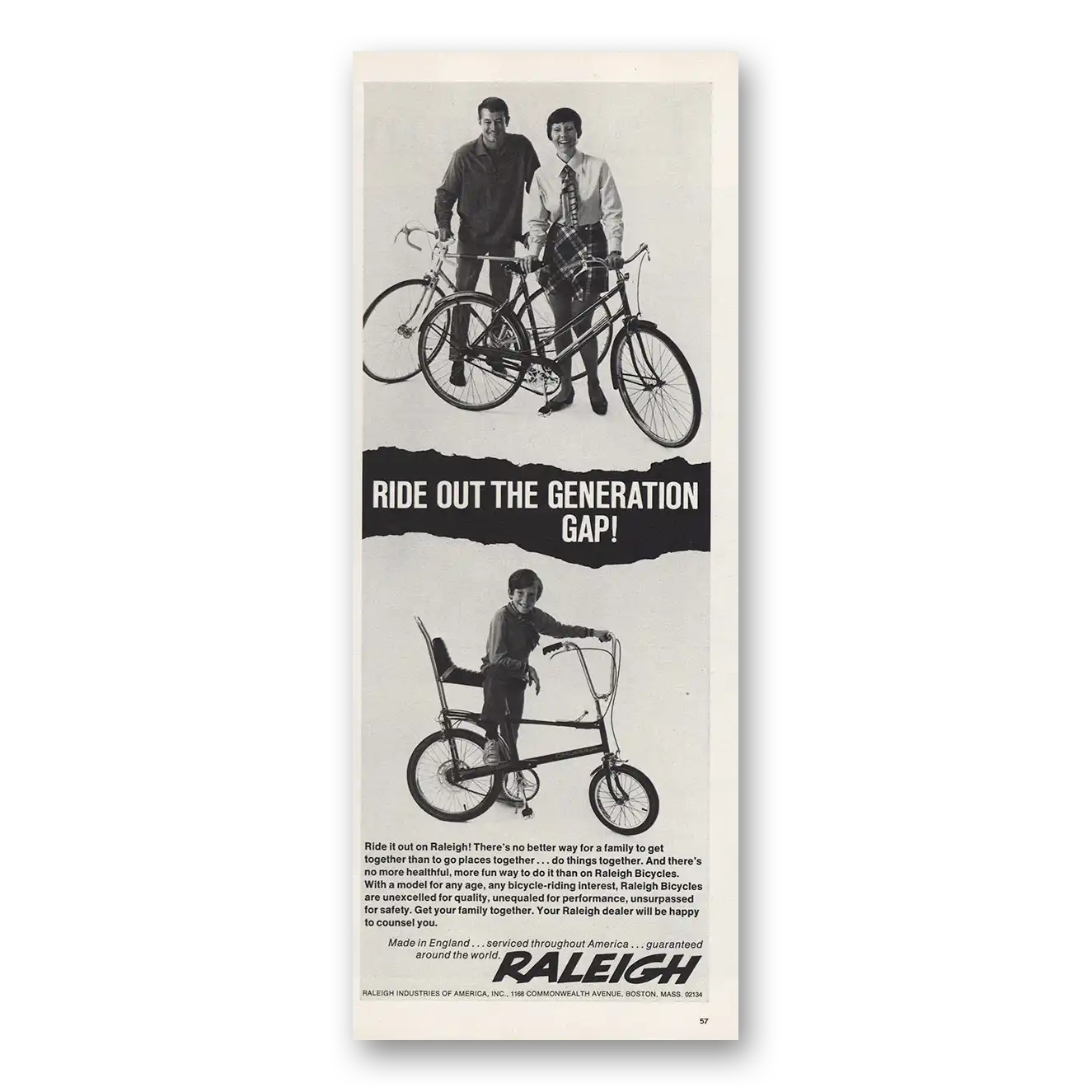 1969 Raleigh Bicycles Ride Out the Generation Gap Vintage Magazine Print Ad