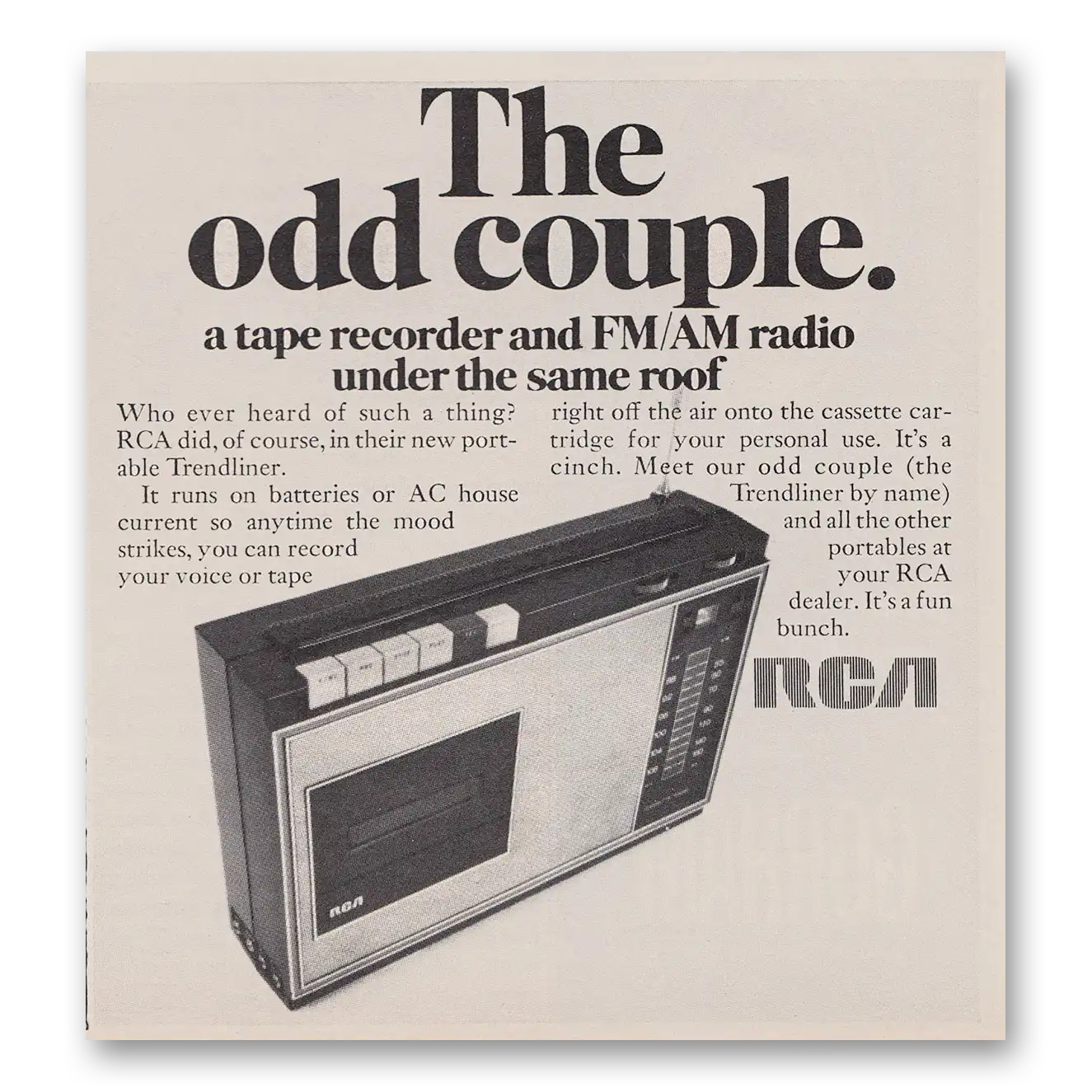 1969 RCA Radios Tape Recorder Radio The Odd Couple Vintage Magazine Print Ad