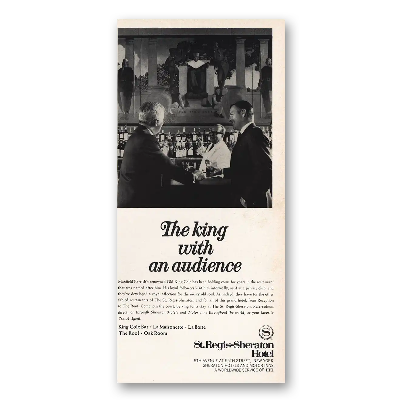 1969 St Regis Sheraton Hotel King With an Audience Vintage Magazine Print Ad