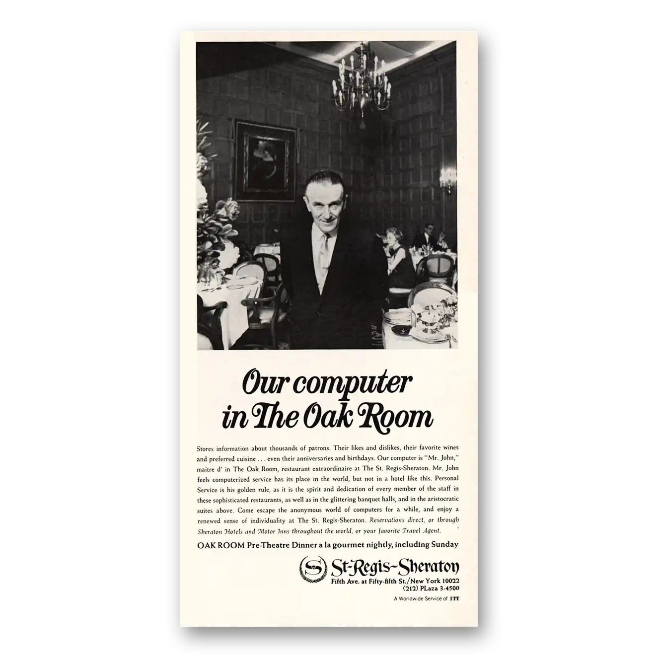 1969 St Regis Sheraton Hotel Computer In The Oak Room Vintage Magazine Print Ad