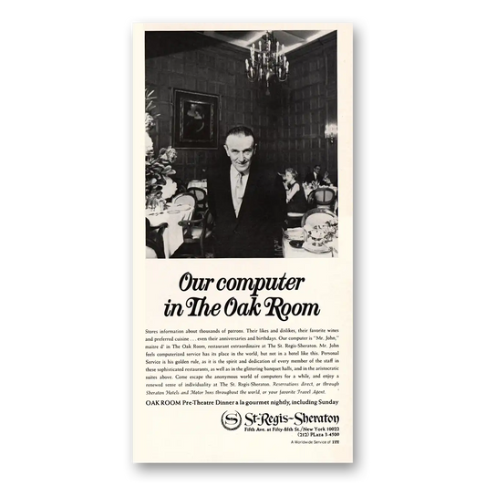 1969 St Regis Sheraton Hotel Computer In The Oak Room Vintage Magazine Print Ad