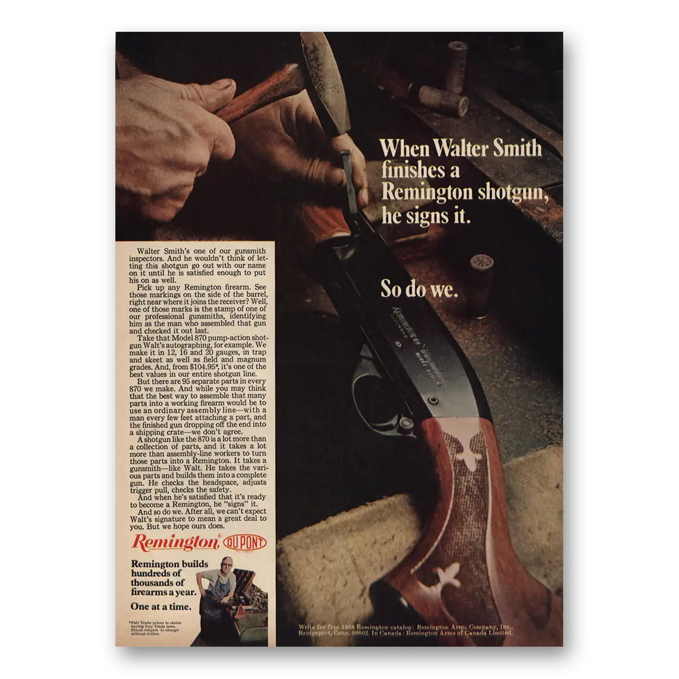 1969 Remington Arms Shotgun Walter Smith Finishes He Signs It Vintage Magazine Print Ad