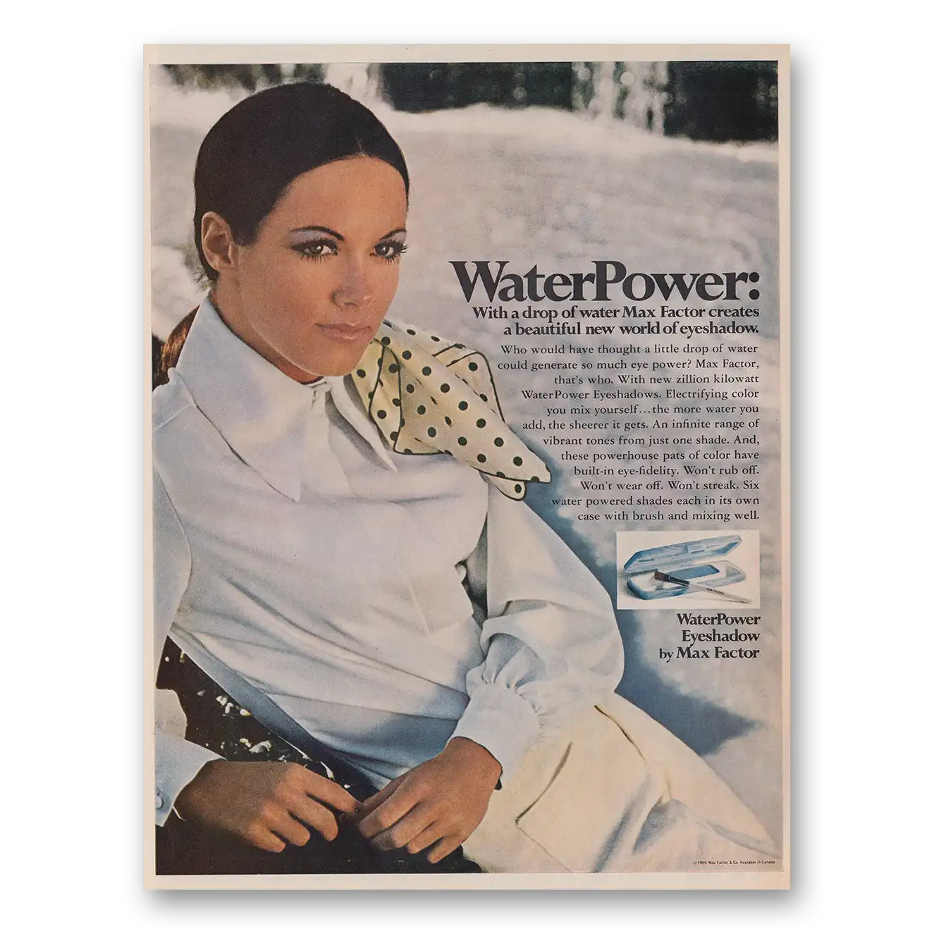 1969 Max Factor Eyeshadow Waterpower With a Drop of Water Vintage Magazine Print Ad