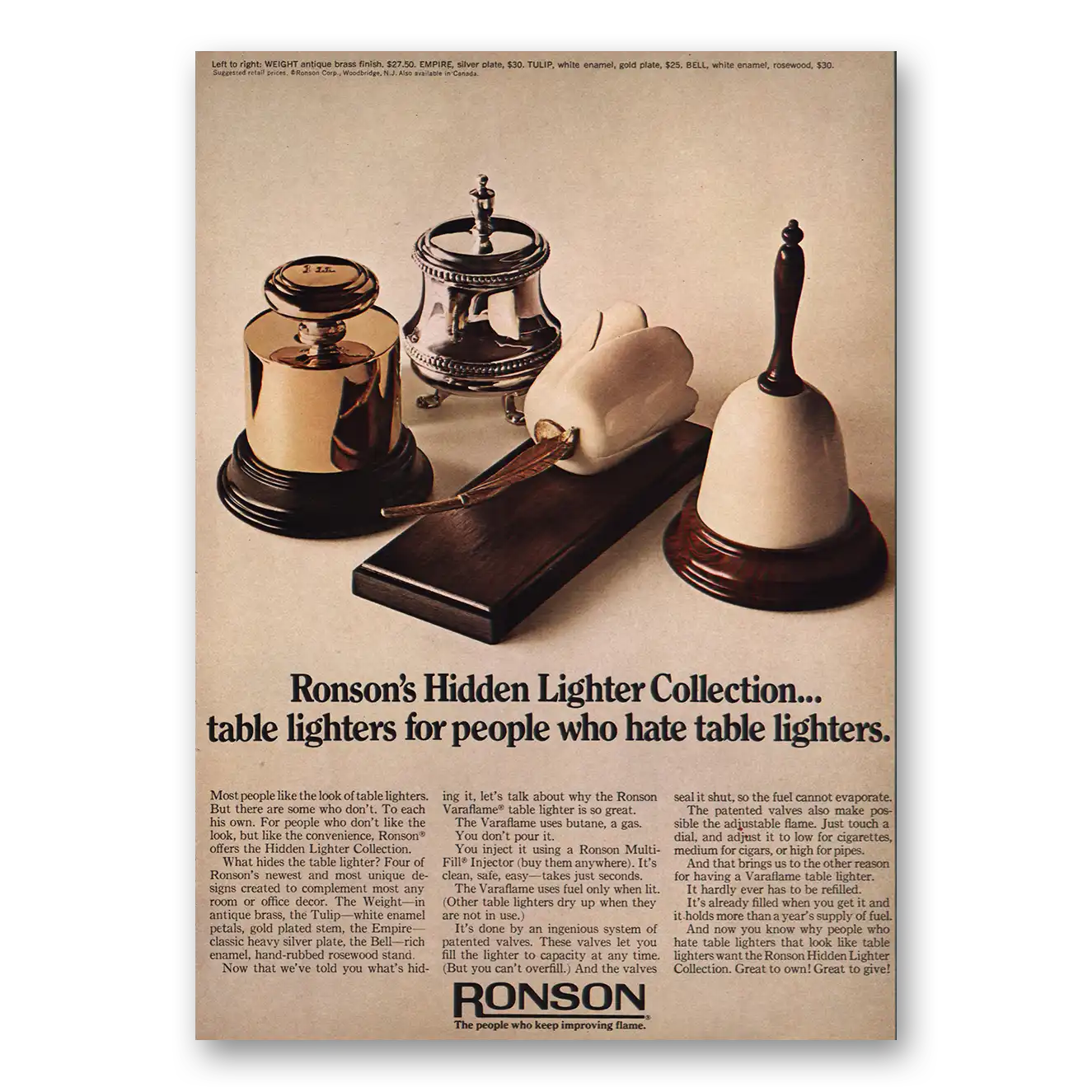 1969 Ronson Lighters Hidden Lighter Collection Vintage Magazine Print Ad