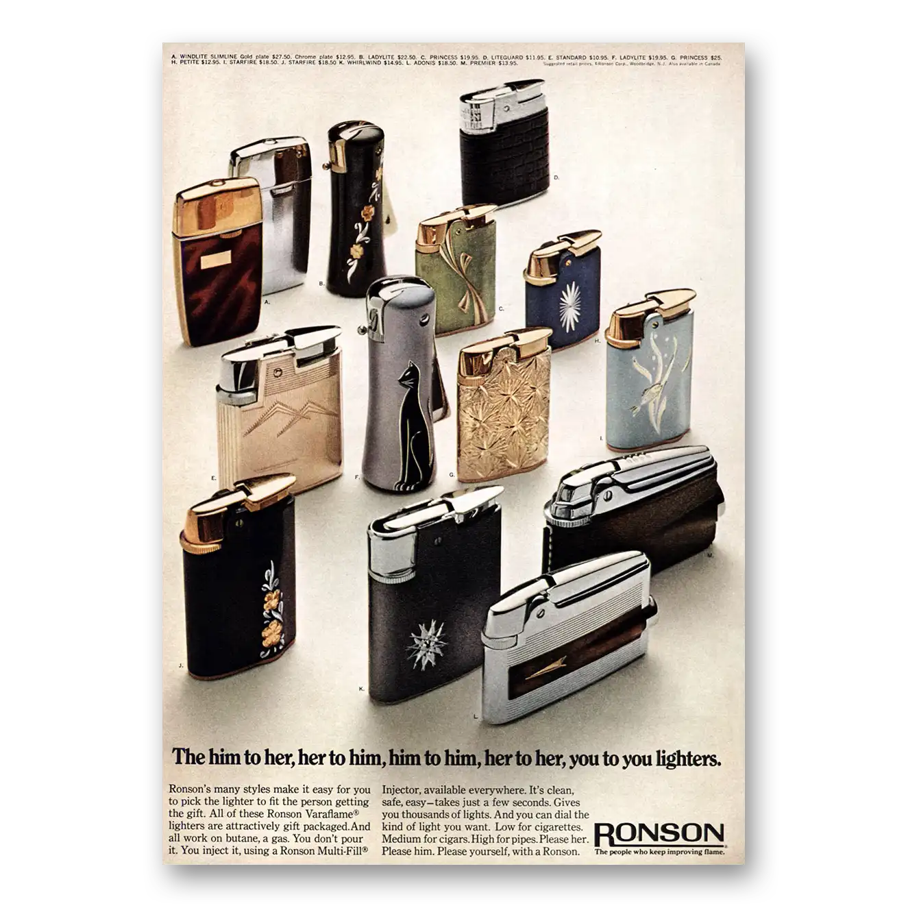 1969 Ronson Lighters Him to Her Vintage Magazine Print Ad