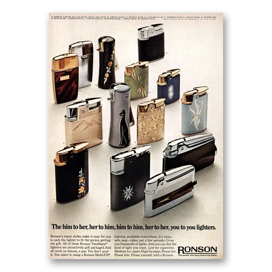 1969 Ronson Lighters Him to Her Vintage Magazine Print Ad