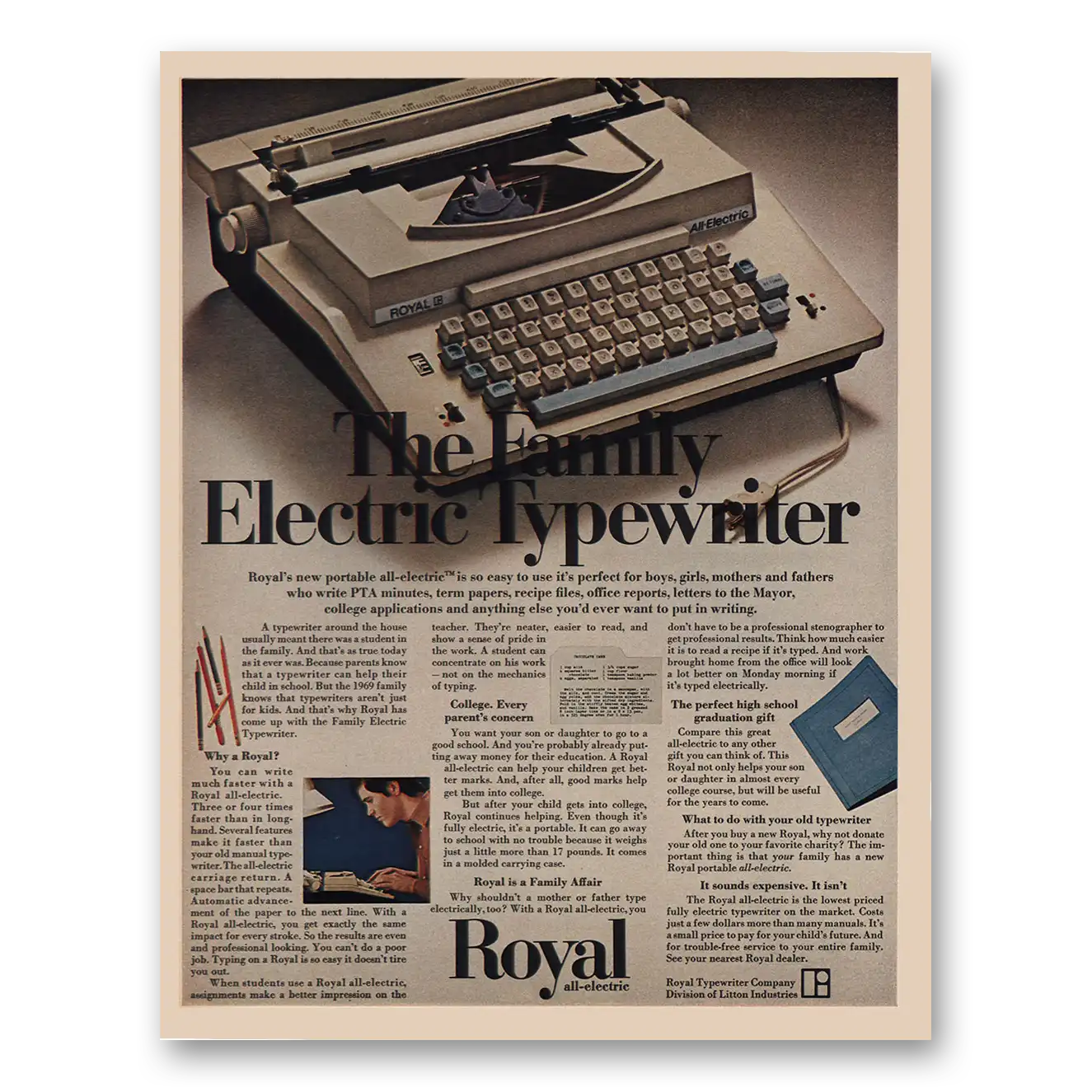 1969 Royal Typewriter Family Electric Vintage Magazine Print Ad