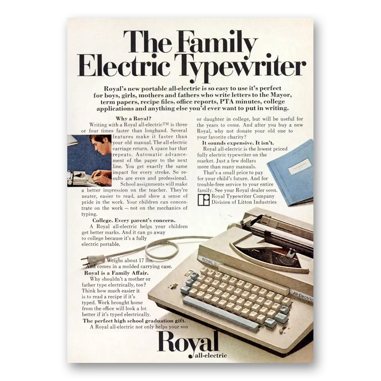 1969 Royal Typewriter Family Electric Vintage Magazine Print Ad