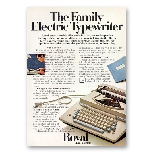 1969 Royal Typewriter Family Electric Vintage Magazine Print Ad