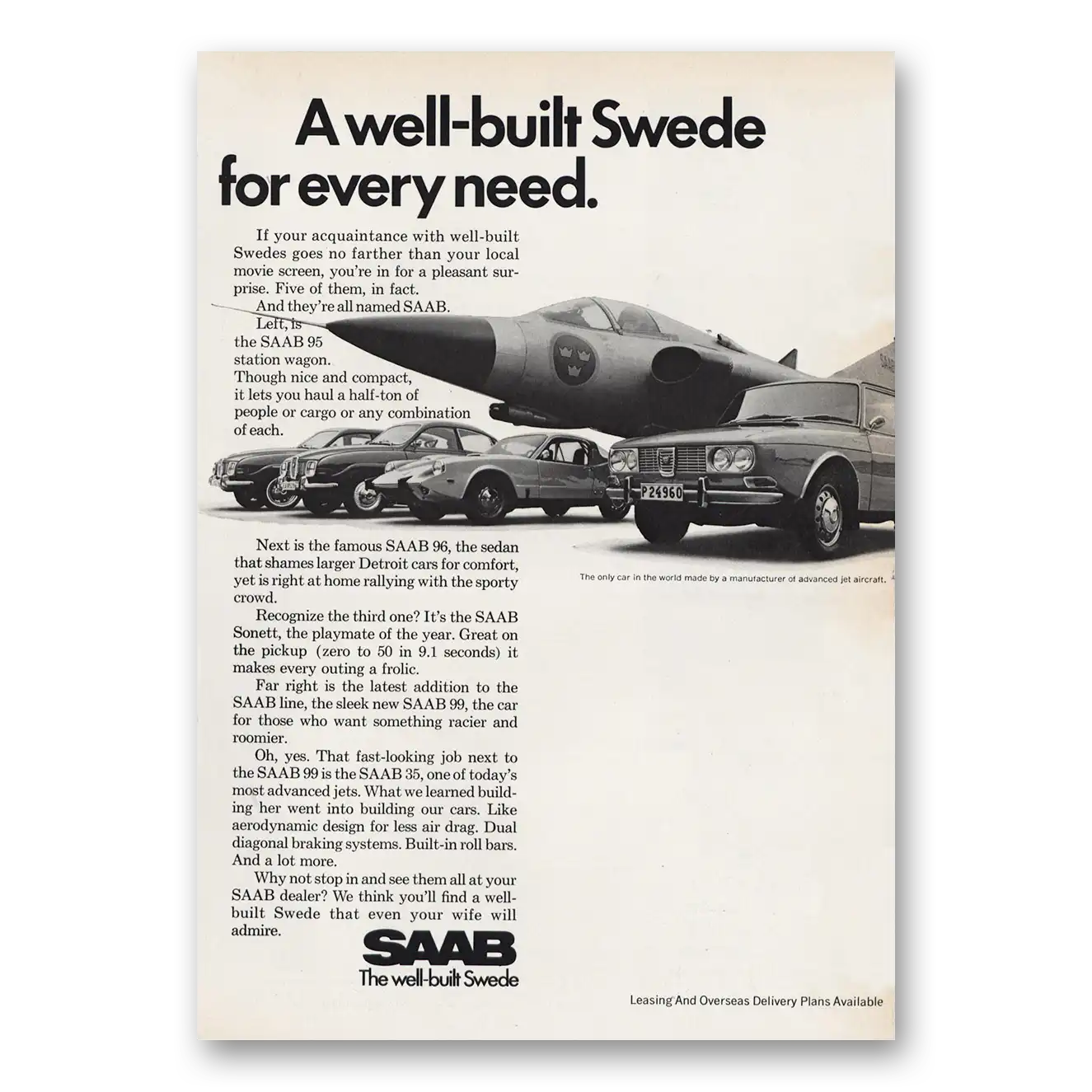 1969 Saab Well Built Swede for Every Need Vintage Magazine Print Ad