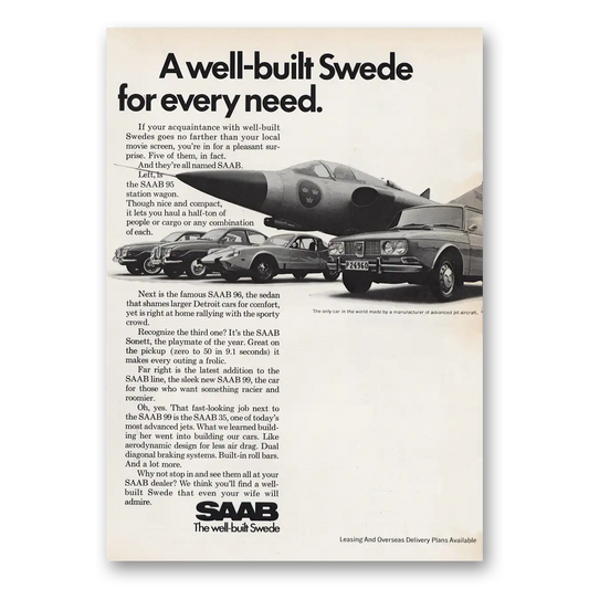 1969 Saab Well Built Swede for Every Need Vintage Magazine Print Ad