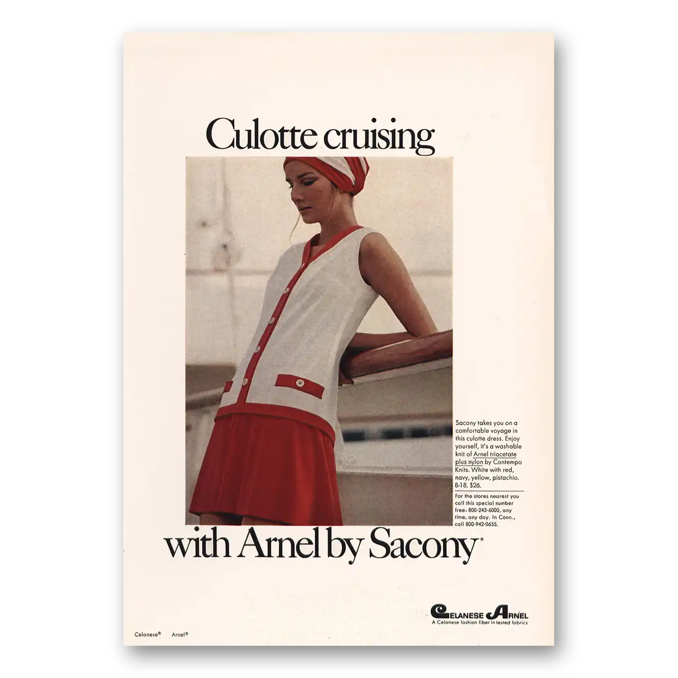 1969 Sacony Arnel Culotte Cruising Vintage Magazine Print Ad