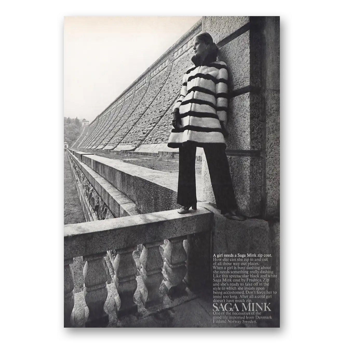 1969 Saga Mink Girl Needs Saga Mink Zip Coat Vintage Magazine Print Ad