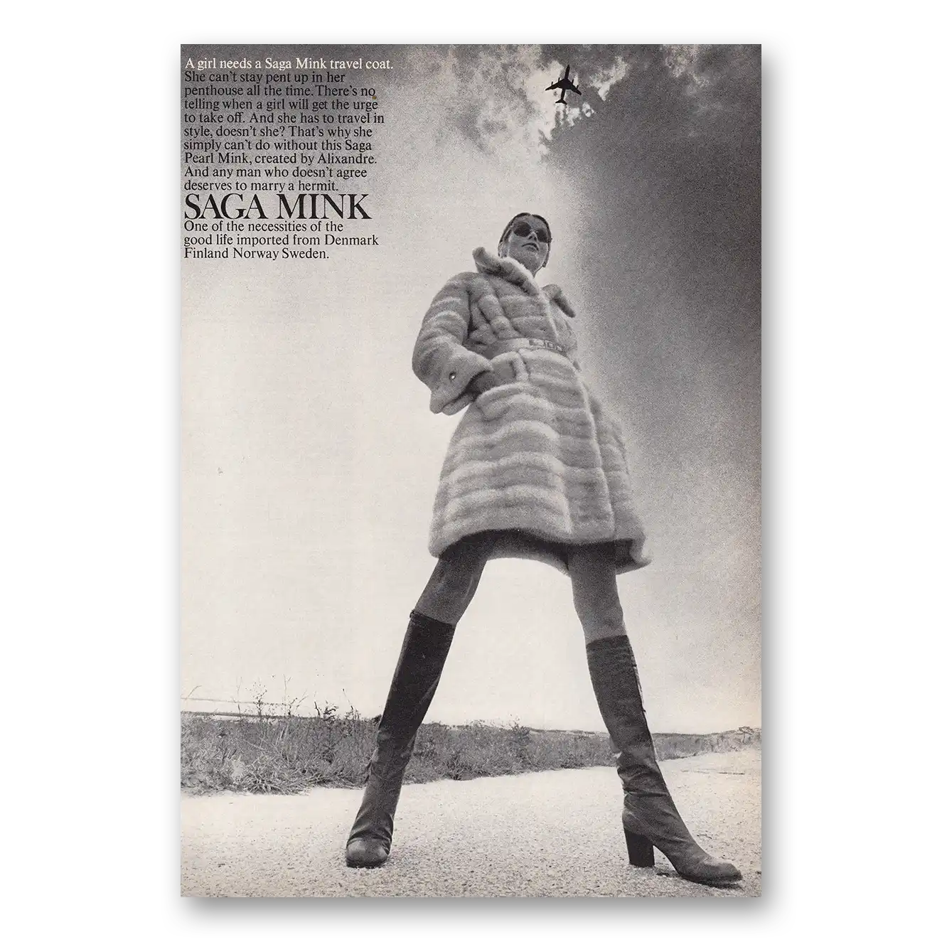 1969 Saga Mink Girl Needs a Saga Mink Travel Coat Vintage Magazine Print Ad