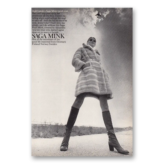 1969 Saga Mink Girl Needs a Saga Mink Travel Coat Vintage Magazine Print Ad