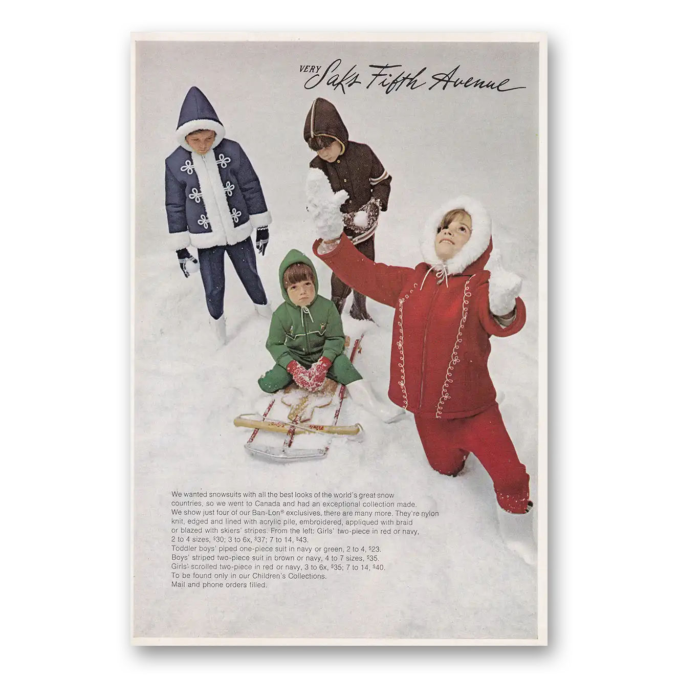 1969 Saks Fifth Avenue Snowsuits With All the Best Looks Vintage Magazine Print Ad