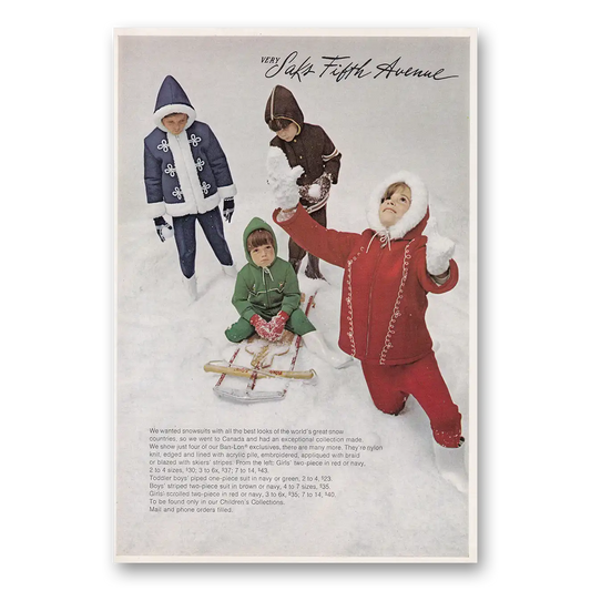 1969 Saks Fifth Avenue Snowsuits With All the Best Looks Vintage Magazine Print Ad