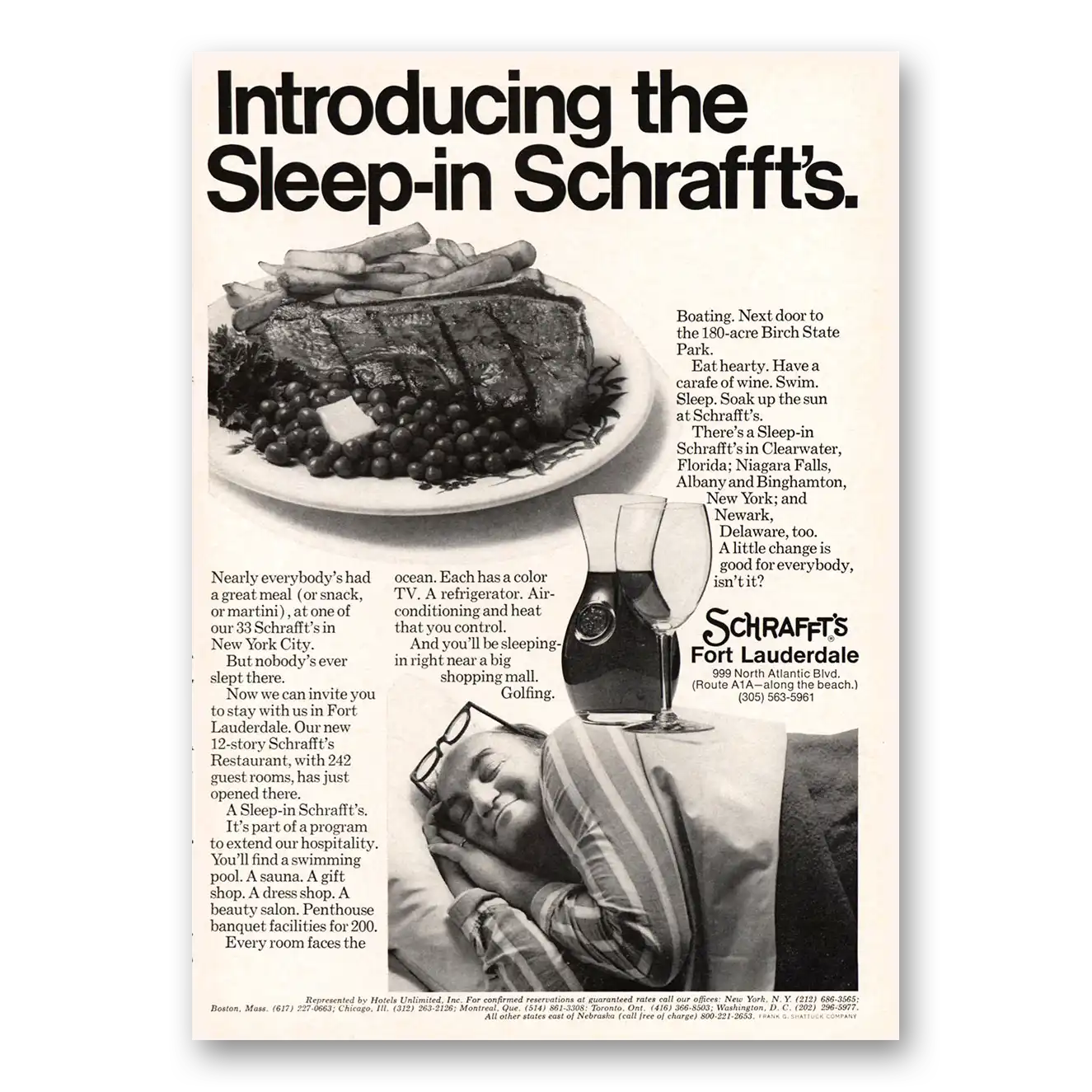 1969 Schraffts Restaurants Sleep in Scraffts Fort Lauderdale Vintage Magazine Print Ad