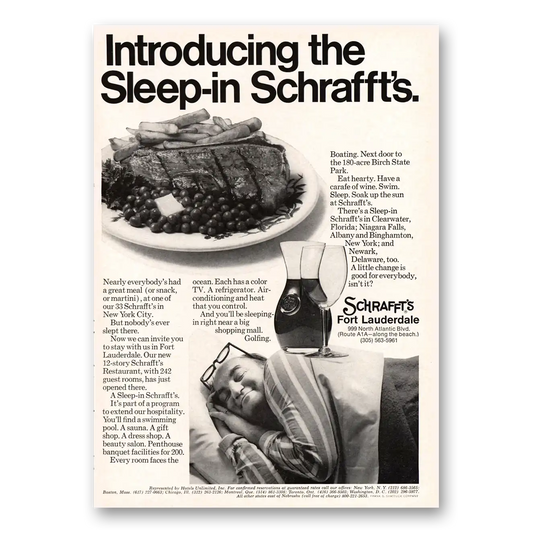 1969 Schraffts Restaurants Sleep in Scraffts Fort Lauderdale Vintage Magazine Print Ad