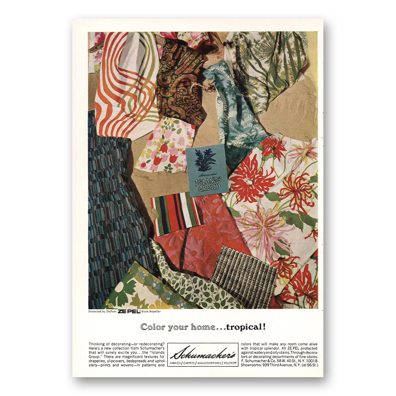 1969 Schumacher Fabrics Color Your Home Tropical Vintage Magazine Print Ad