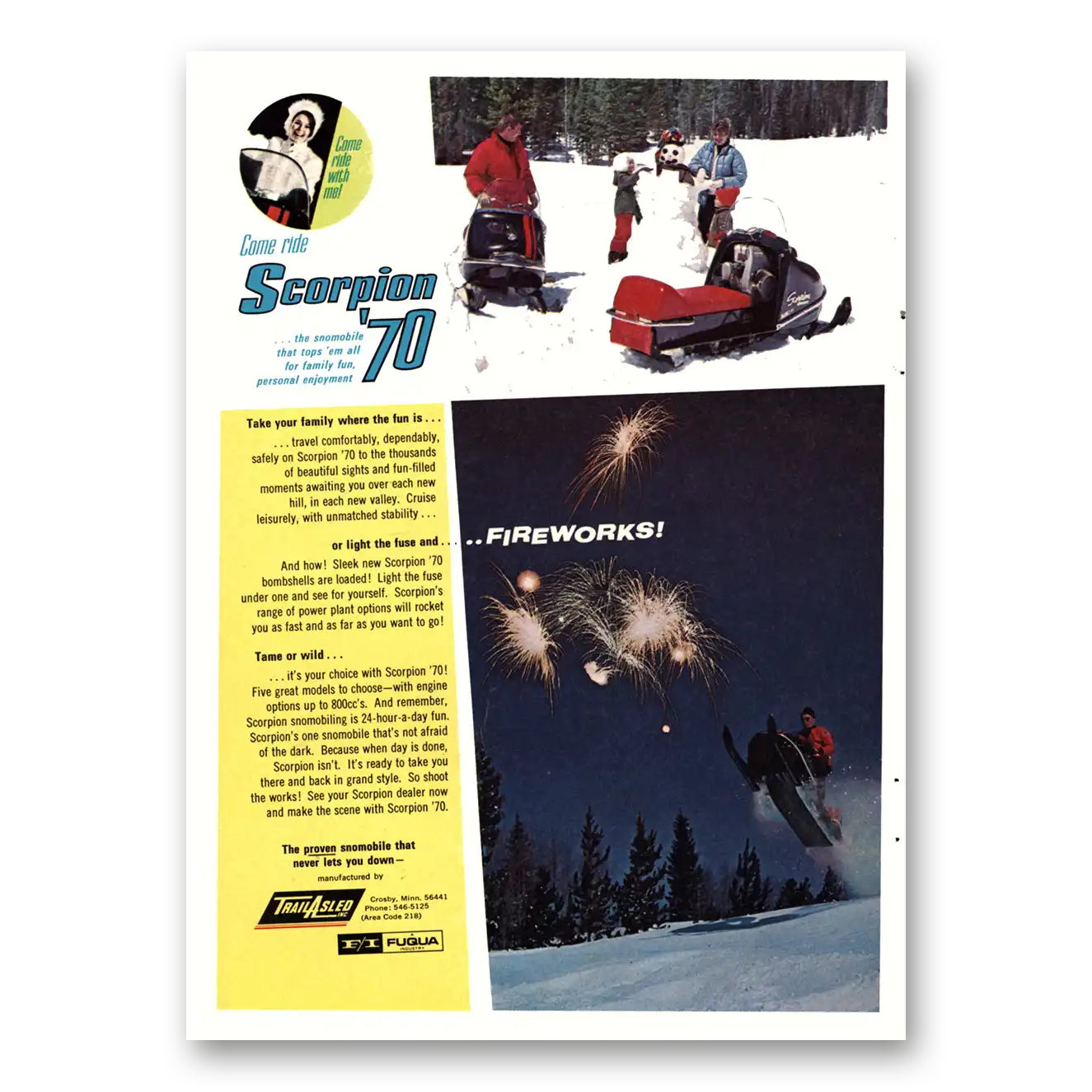 1969 Scorpion Snowmobile Fireworks Vintage Magazine Print Ad