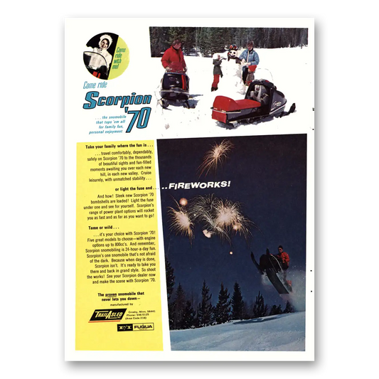 1969 Scorpion Snowmobile Fireworks Vintage Magazine Print Ad