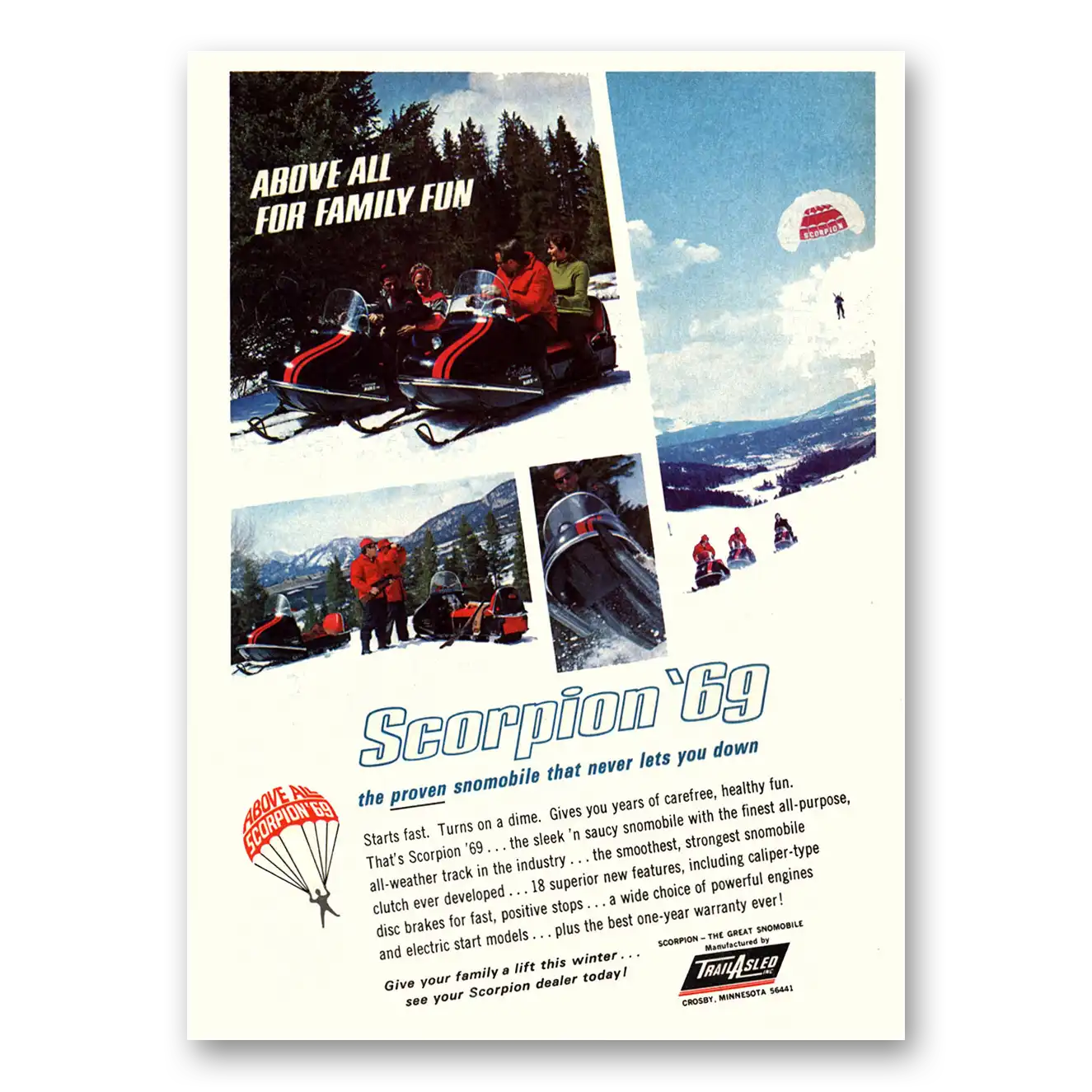 1969 Scorpion Snowmobile Above All for Family Fun Vintage Magazine Print Ad