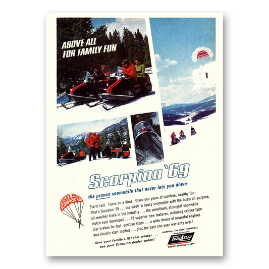 1969 Scorpion Snowmobile Above All for Family Fun Vintage Magazine Print Ad