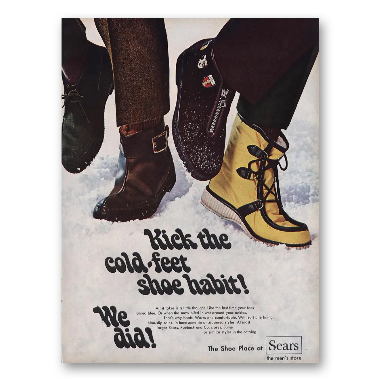 1969 Sears Shoe Place Kick the Cold Feet Shoe Habit Vintage Magazine Print Ad