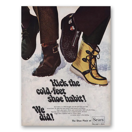 1969 Sears Shoe Place Kick the Cold Feet Shoe Habit Vintage Magazine Print Ad