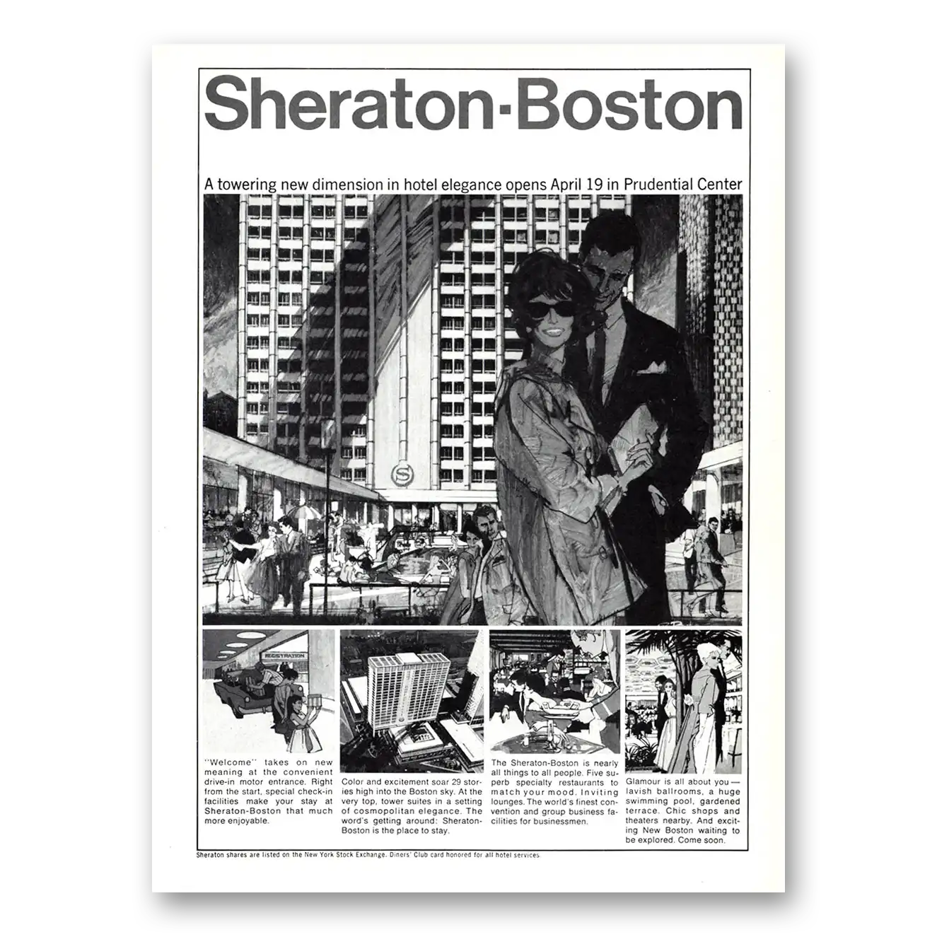 1969 Sheraton Boston Hotel Towering New Dimension Vintage Magazine Print Ad