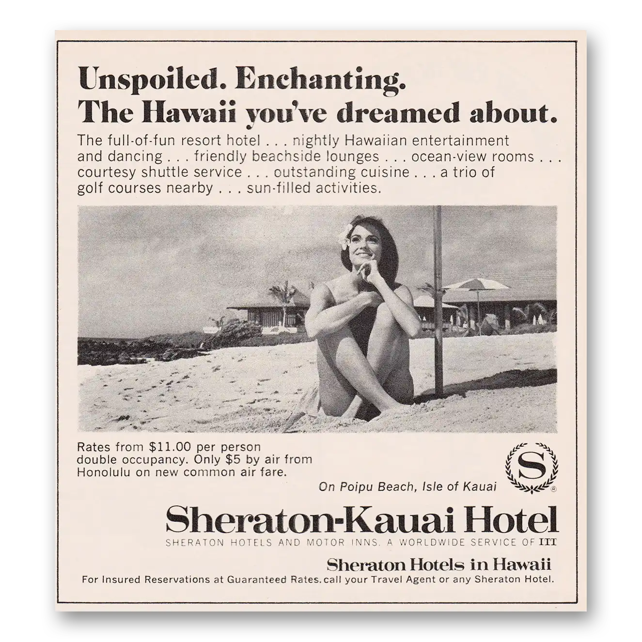 1969 Sheraton Kauai Hotel Unspoiled Enchanting Vintage Magazine Print Ad