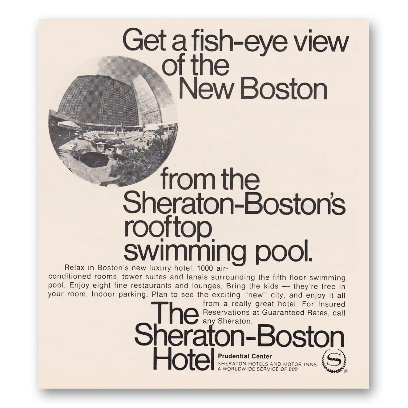 1969 Sheraton Boston Hotel Fish Eye View of the New Boston Vintage Magazine Print Ad