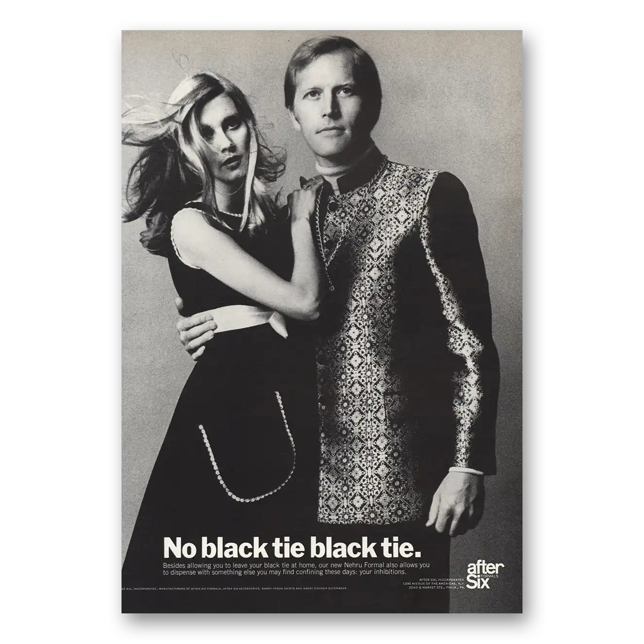 1969 After Six No Black Tie Vintage Magazine Print Ad