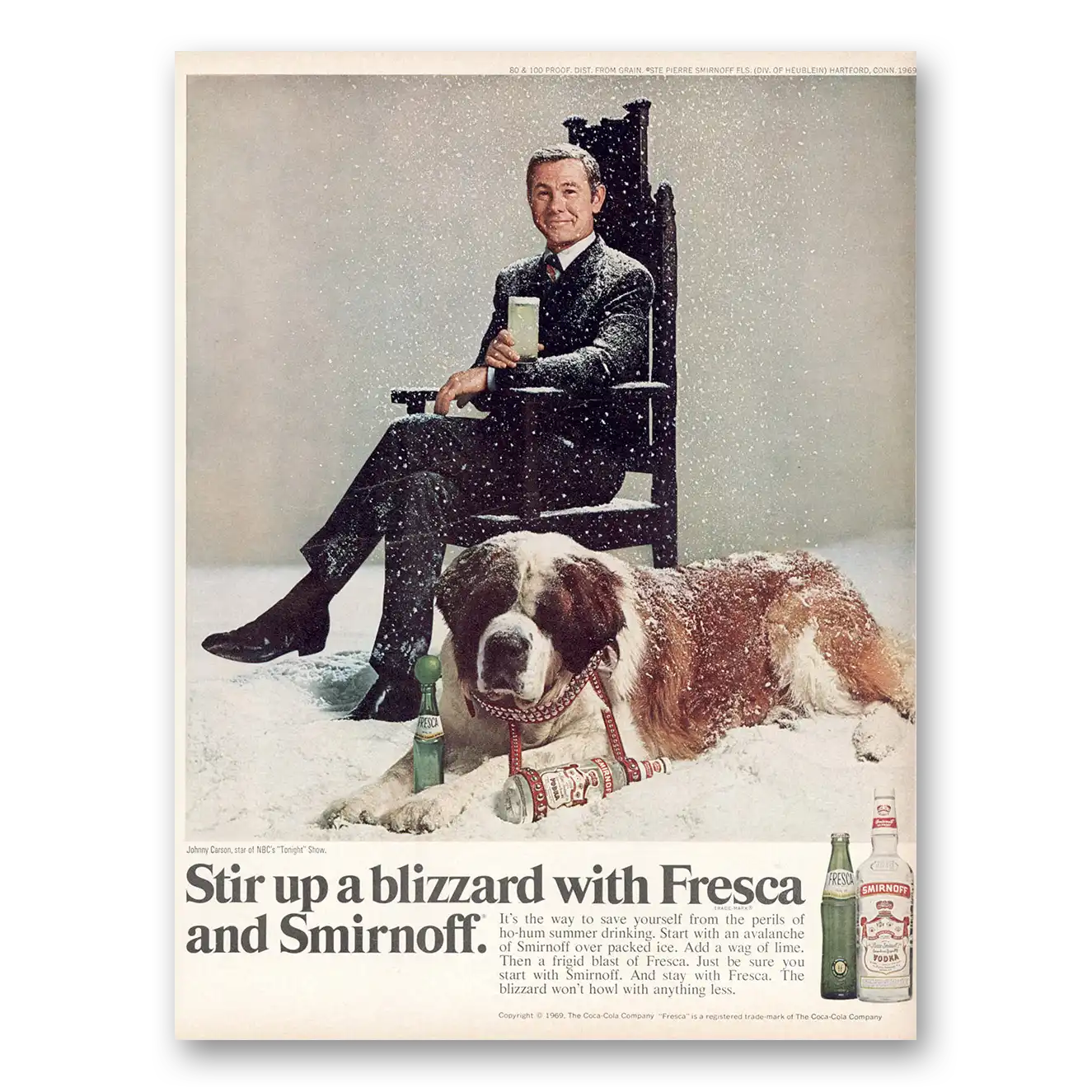 1969 Smirnoff Vodka Fresca Stir Up a Blizzard Johnny Carson Vintage Magazine Print Ad