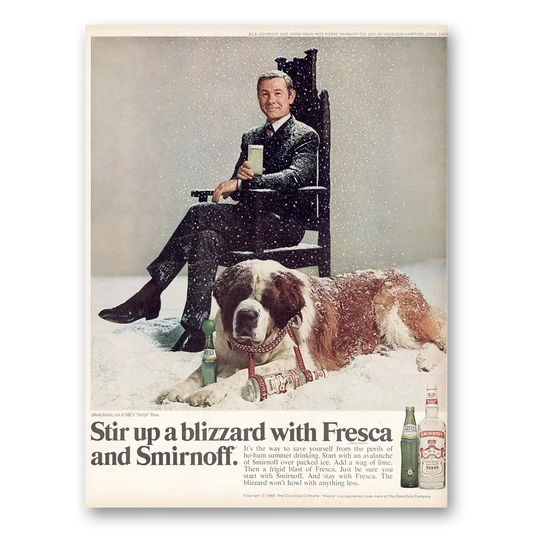 1969 Smirnoff Vodka Fresca Stir Up a Blizzard Johnny Carson Vintage Magazine Print Ad