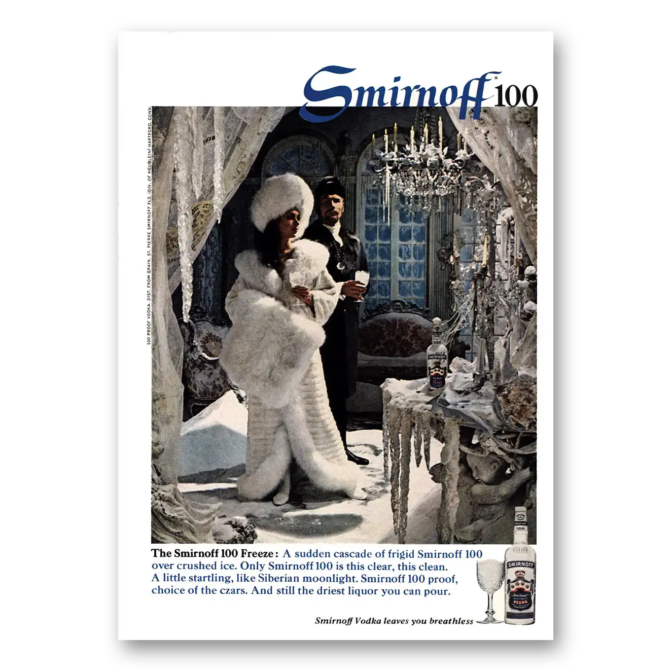 1969 Smirnoff 100 Vodka Sudden Cascade of Frigid Over Crushed Ice Vintage Magazine Print Ad