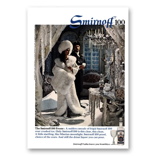 1969 Smirnoff 100 Vodka Sudden Cascade of Frigid Over Crushed Ice Vintage Magazine Print Ad