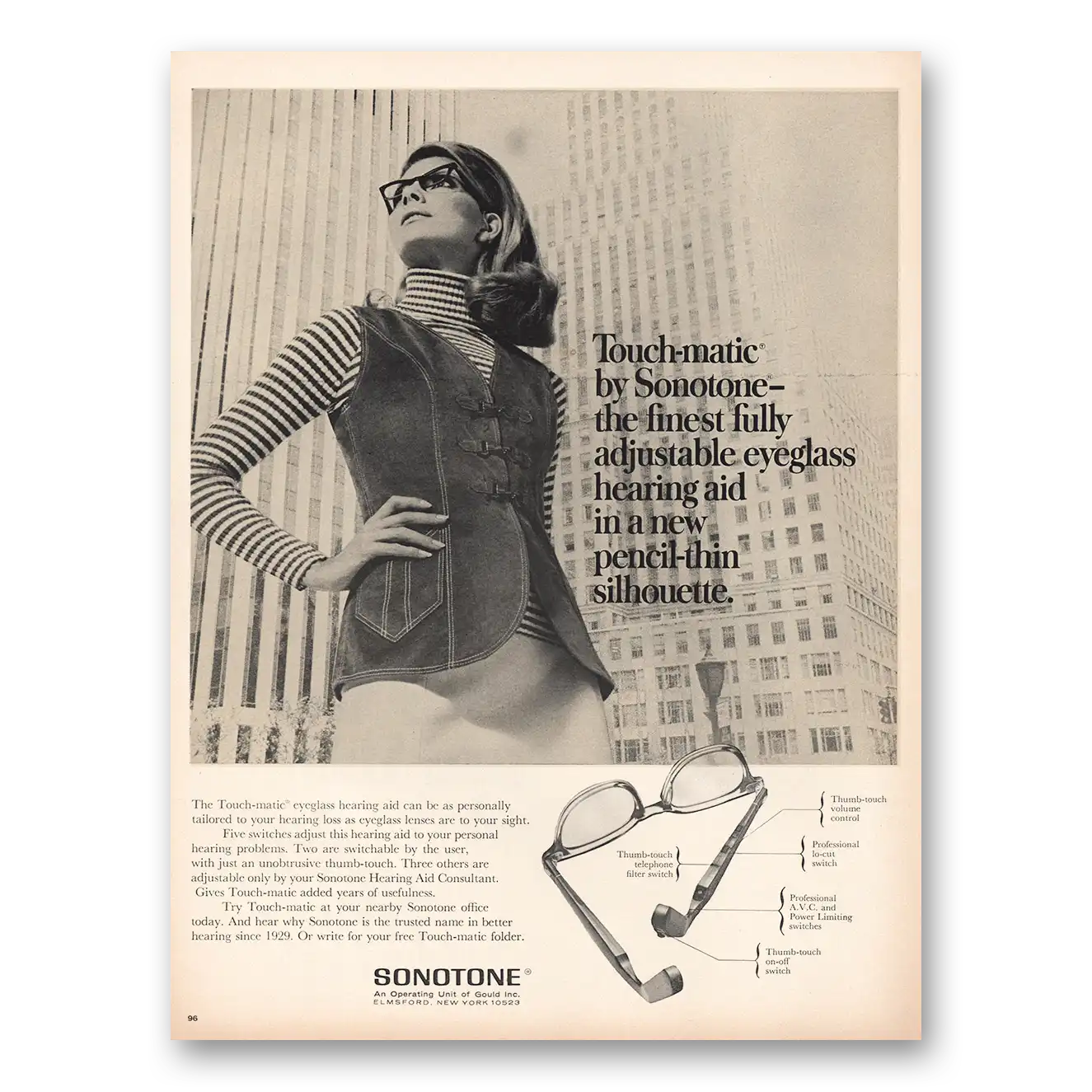 1969 Sonotone Hearing Aid Adjustable Eyeglass Hearing Aid Vintage Magazine Print Ad