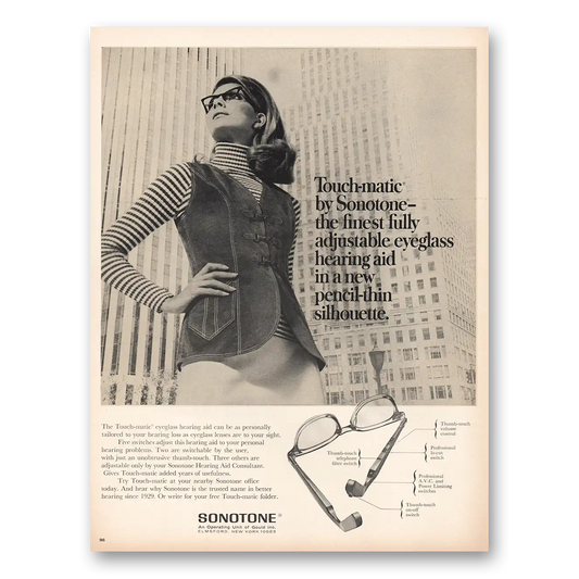 1969 Sonotone Hearing Aid Adjustable Eyeglass Hearing Aid Vintage Magazine Print Ad