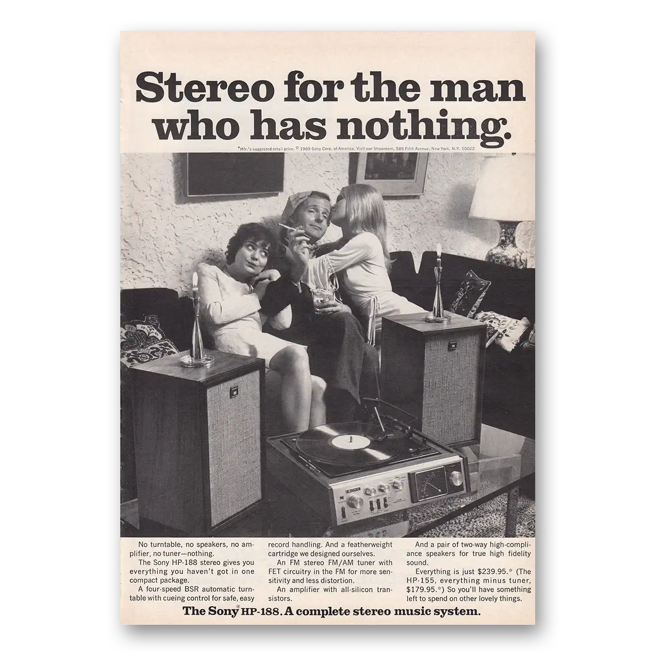 1969 Sony Stereo HP188 Stereo For the Man Who Has Nothing Vintage Magazine Print Ad