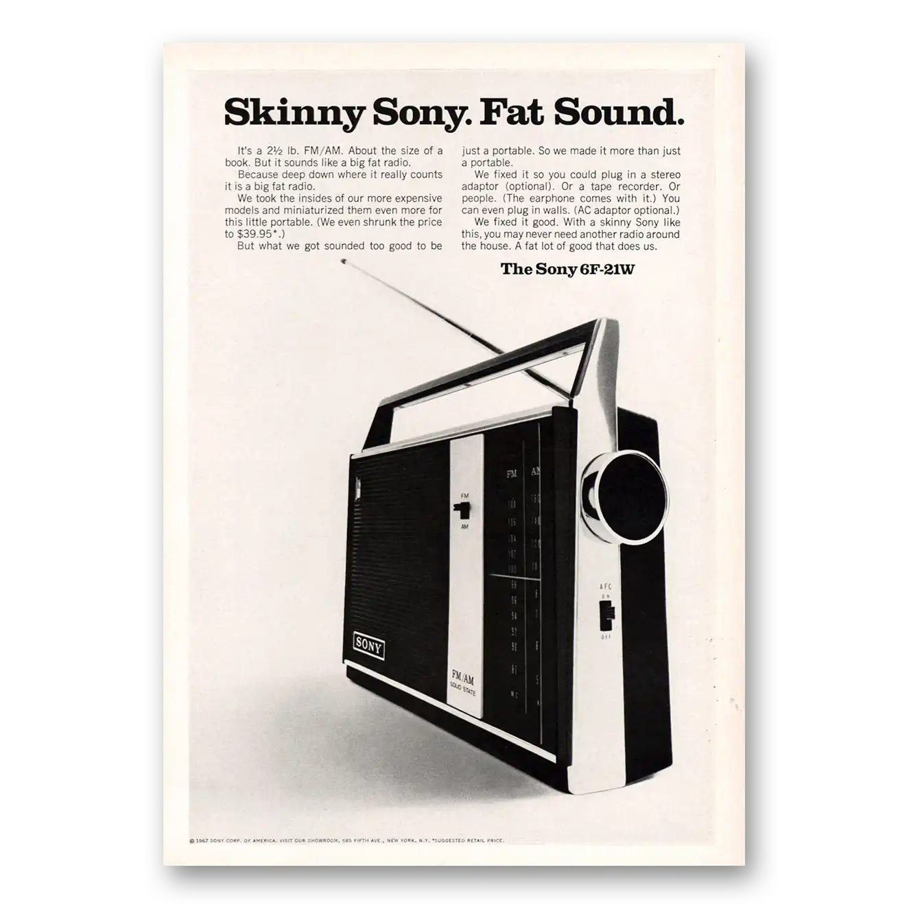 1969 Sony Radio Skinny Sony Fat Sound Vintage Magazine Print Ad