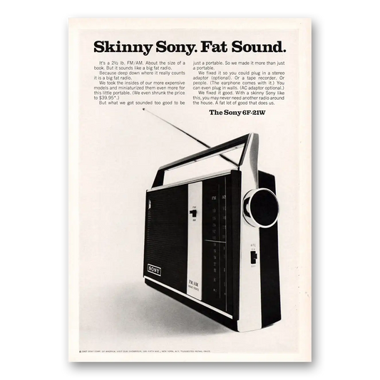 1969 Sony Radio Skinny Sony Fat Sound Vintage Magazine Print Ad