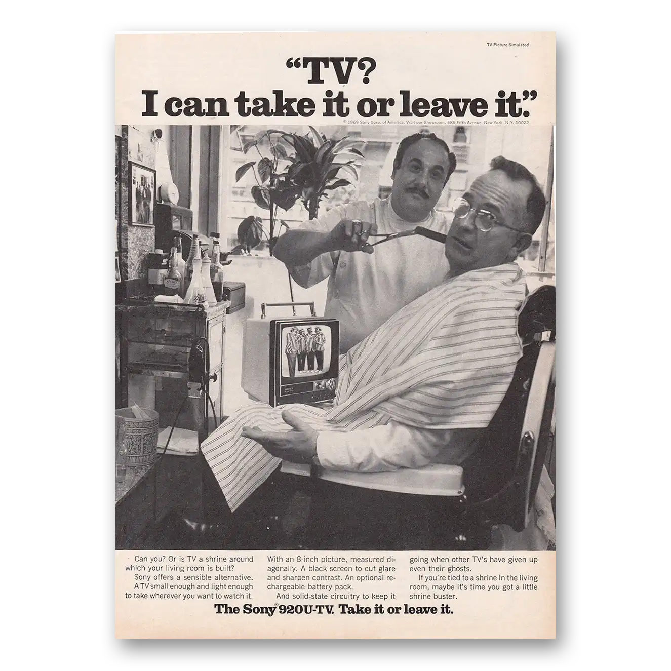 1969 Sony Portable TV I Can Take It Or Leave It Barber Vintage Magazine Print Ad