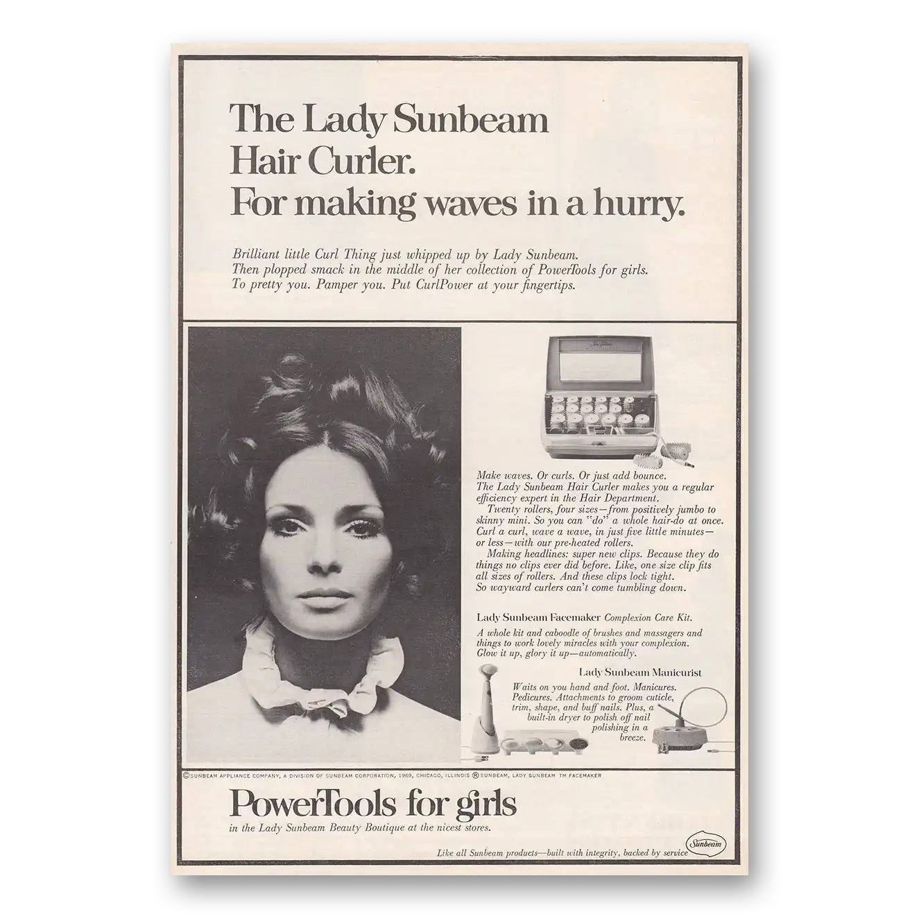 1969 Lady Sunbeam Hair Curler Power Tools for Girls Vintage Magazine Print Ad