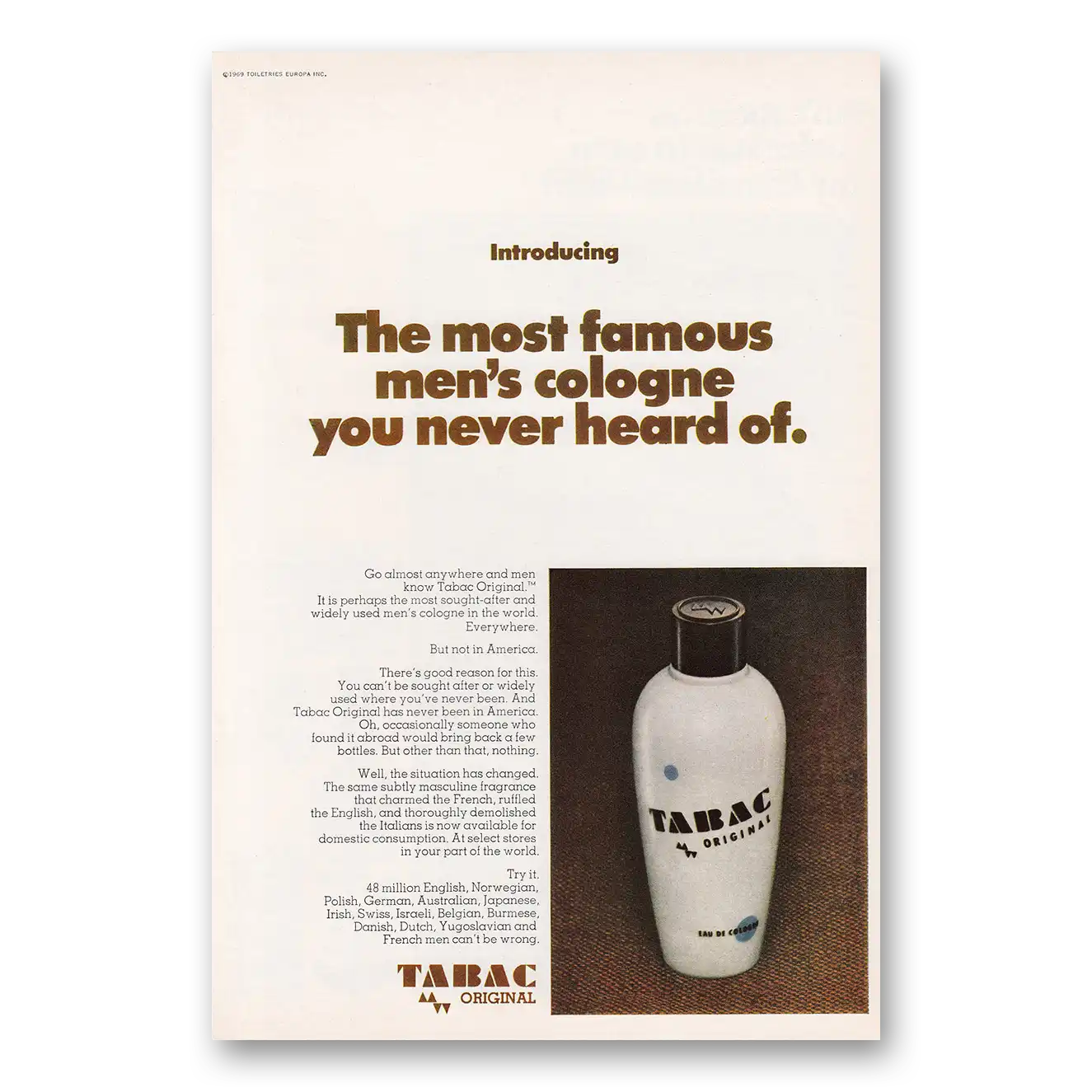 1969 Tabac Cologne Most Famous Mens Cologne You Never Heard Of Vintage Magazine Print Ad